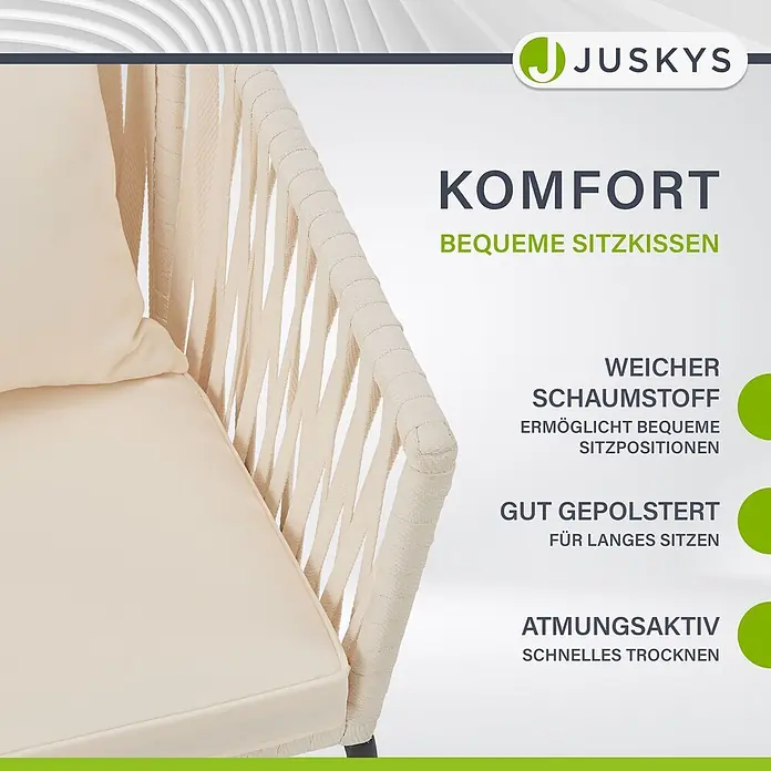 Juskys Gartenstuhl-Set Rope - 2 Stk., Rope, beige, B x T x H: 58 x 58 x 80 cm - Bequeme, beige Sitzkissen und geflochtener Stuhlrahmen. Mit weichem Schaumstoff, guter Polsterung und atmungsaktiv.