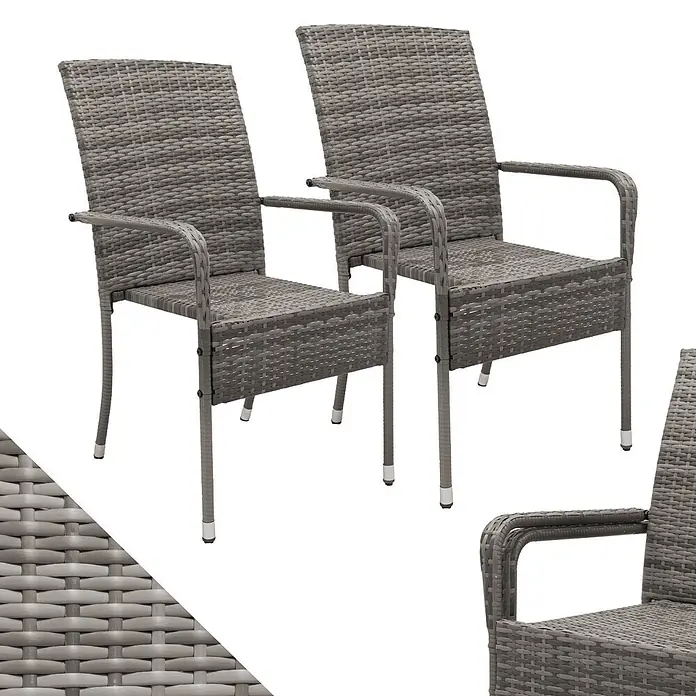 Juskys Gartenstuhl-Set Yoro - 2 Stk., Polyrattan, Stapelbar, Grau, B x T x H: 50 x 50 x 90 cm - Zwei graue Gartenstühle aus Polyrattan mit Armlehnen.