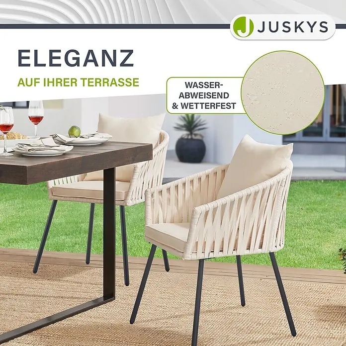 Juskys Gartenstuhl-Set Rope - 2 Stk., Rope, beige, B x T x H: 58 x 58 x 80 cm - Elegante beigefarbene Outdoor-Stühle und dunkler Holztisch für die Terrasse. Wetterfest & wasserabweisend.