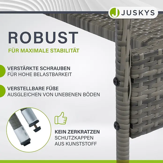 Juskys Gartenstuhl-Set Yoro - 2 Stk., Polyrattan, Stapelbar, Grau, B x T x H: 50 x 50 x 90 cm - Graues Korbgeflecht-Möbelteil mit verstärkten Schrauben, verstellbaren Füßen und schützenden Kunststoffkappen für Stabilität und Bodenschutz.