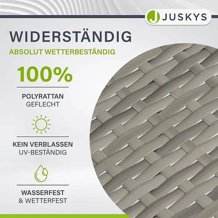 Juskys Gartenstuhl-Set Yoro - 6 Stk., Polyrattan, Stapelbar, Grau, B x T x H: 50 x 50 x 90 cm - Nahaufnahme von hellgrauem Polyrattan-Geflecht, das seine 100% wetterfeste, UV-beständige und wasserdichte Eigenschaften zeigt.