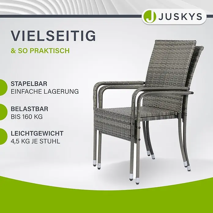 Juskys Gartenstuhl-Set Yoro - 8 Stk., Polyrattan, Stapelbar, Grau, B x T x H: 50 x 50 x 90 cm - Stapelbarer grauer geflochtener Stuhl mit Armlehnen.