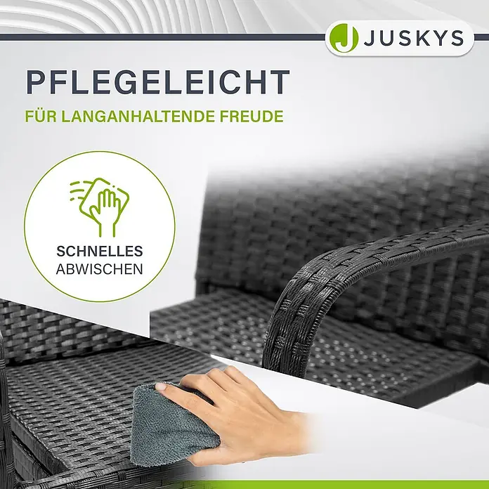 Juskys Gartenstuhl-Set Yoro - 2 Stk., Polyrattan, Stapelbar, Schwarz, B x T x H: 50 x 50 x 90 cm - Schwarze geflochtene Gartenmöbel werden einfach mit einem Tuch gereinigt.