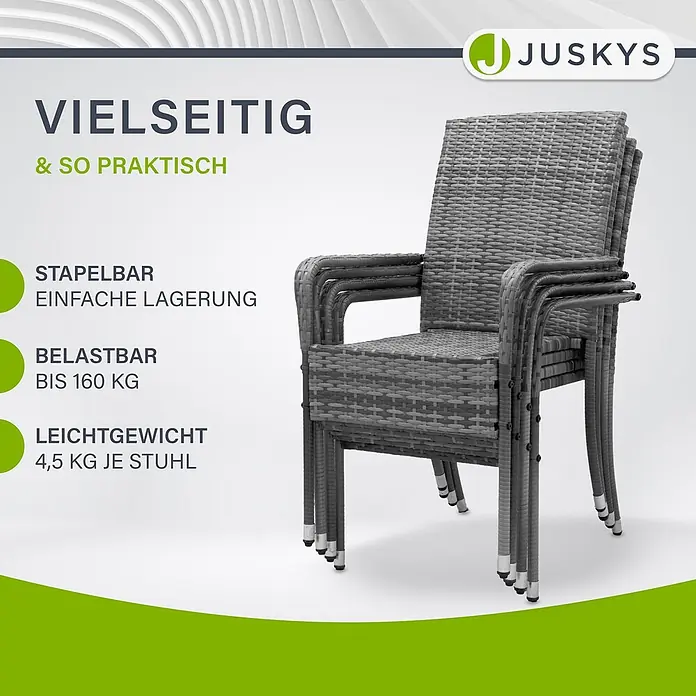 Juskys Gartenstuhl-Set Yoro - 8 Stk., Polyrattan, Stapelbar, Schwarz, B x T x H: 50 x 50 x 90 cm - Graue stapelbare Rattan-Stühle, leicht (4,5 kg) und bis 160 kg belastbar.