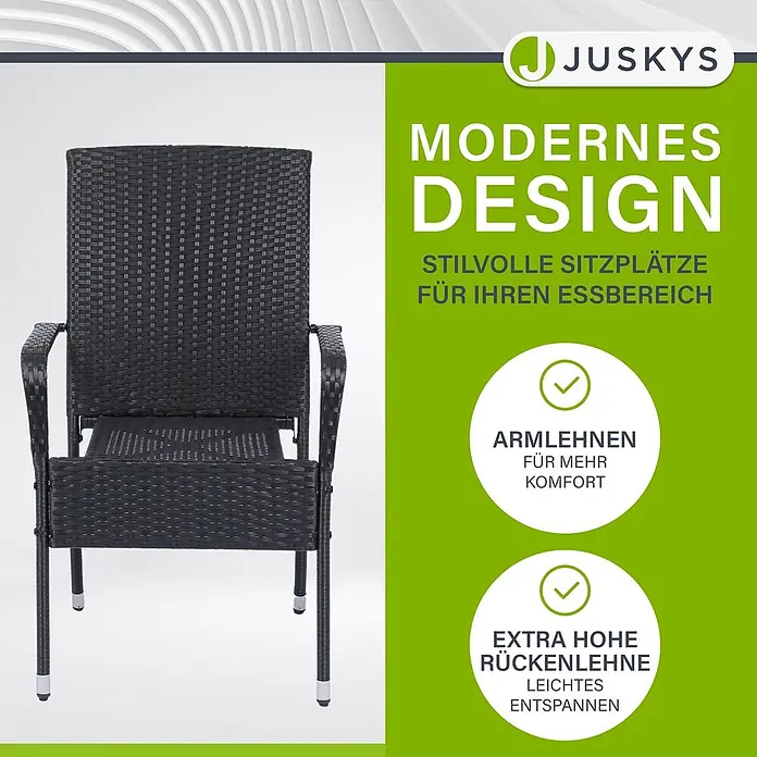 Juskys Gartenstuhl-Set Yoro - 4 Stk., Polyrattan, Stapelbar, Schwarz, B x T x H: 50 x 50 x 90 cm - Dunkelgrauer Polyrattan-Sessel mit Armlehnen und hoher Rückenlehne für Essbereiche.