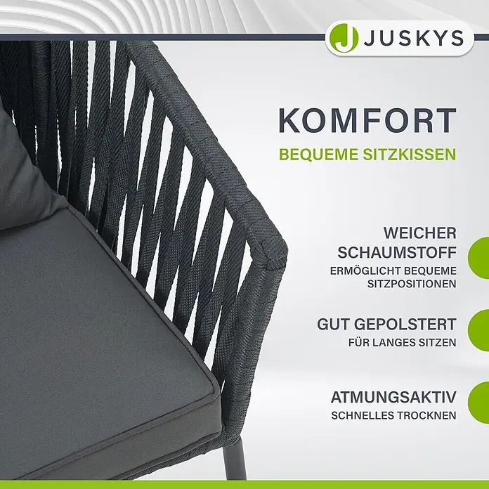 Juskys Gartenstuhl-Set Rope - 2 Stk., Rope, Grau, B x T x H: 58 x 58 x 80 cm - Grauer Outdoor-Stuhl mit geflochtenen Seilen und bequemen grauen Kissen.