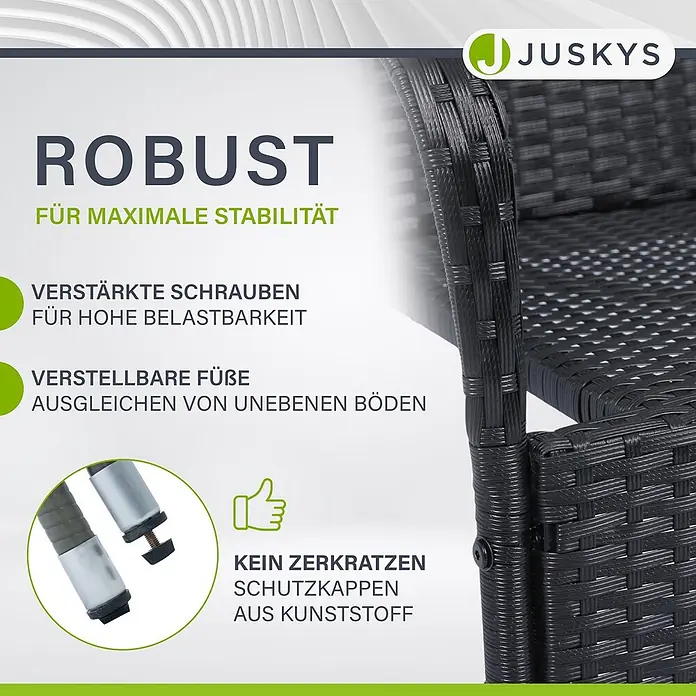 Juskys Gartenstuhl-Set Yoro - 4 Stk., Polyrattan, Stapelbar, Schwarz, B x T x H: 50 x 50 x 90 cm - Nahaufnahme von dunkelgrauen Rattan-Gartenmöbeln mit verstärkten Schrauben, verstellbaren Füßen und Kunststoffschutzkappen für Stabilität.