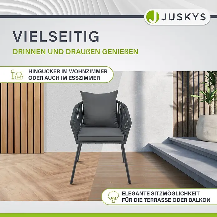 Juskys Gartenstuhl-Set Rope - 2 Stk., Rope, Grau, B x T x H: 58 x 58 x 80 cm - Ein dunkelgrauer Sessel mit passenden Kissen, geeignet für Innenräume und Außenterrassen oder Balkone.