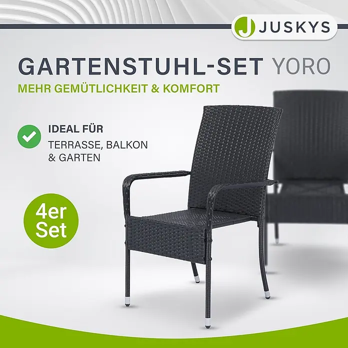 Juskys Gartenstuhl-Set Yoro - 4 Stk., Polyrattan, Stapelbar, Schwarz, B x T x H: 50 x 50 x 90 cm - Dunkelgrauer Gartensessel aus Geflecht mit Armlehnen und Metallbeinen. Teil eines Sets.