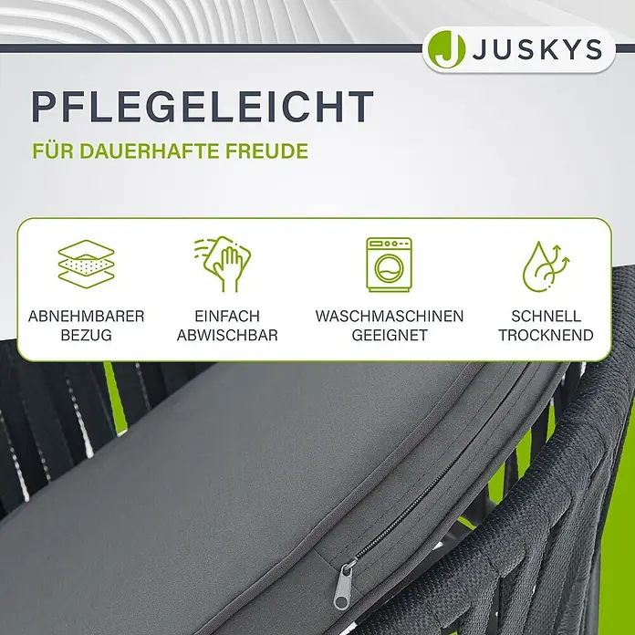 Juskys Gartenstuhl-Set Rope - 2 Stk., Rope, Grau, B x T x H: 58 x 58 x 80 cm - Dunkelgraues Outdoor-Kissen mit sichtbarem Reißverschluss, abnehmbarem, waschmaschinenfestem, schnell trocknendem und leicht abwischbarem Bezug.