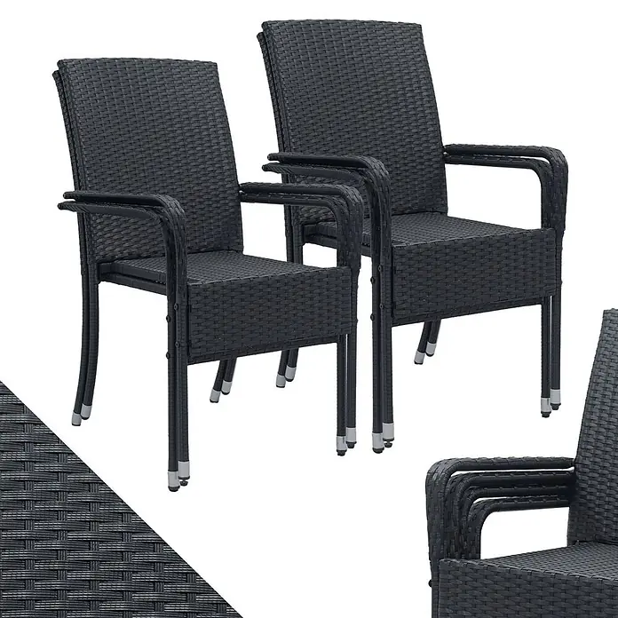 Juskys Gartenstuhl-Set Yoro - 4 Stk., Polyrattan, Stapelbar, Schwarz, B x T x H: 50 x 50 x 90 cm - Satz stapelbarer schwarzer Sessel aus Polyrattan.