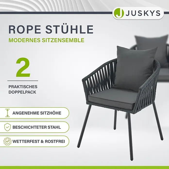 Juskys Gartenstuhl-Set Rope - 2 Stk., Rope, Grau, B x T x H: 58 x 58 x 80 cm - Zwei dunkelgraue Seilstühle mit Kissen, als modernes, wetterfestes Sitzensemble.
