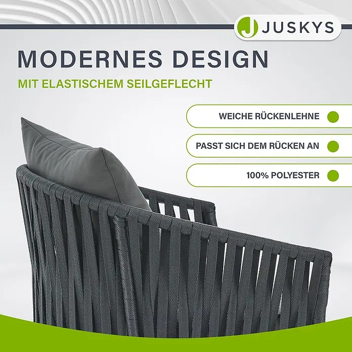 Juskys Gartenstuhl-Set Rope - 2 Stk., Rope, Grau, B x T x H: 58 x 58 x 80 cm - Dunkelgrauer Sessel mit modernem Design aus elastischem Seilgeflecht und weichem, rückenanpassendem Polyesterkissen.
