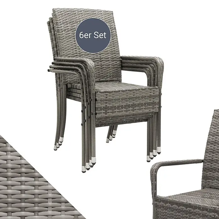 Juskys Gartenstuhl-Set Yoro - 6 Stk., Polyrattan, Stapelbar, Grau, B x T x H: 50 x 50 x 90 cm - 6er Set grauer stapelbarer Outdoor-Stühle mit Armlehnen im Rattan-Stil.