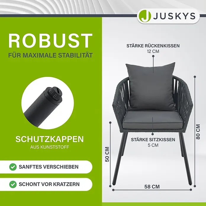 Juskys Gartenstuhl-Set Rope - 2 Stk., Rope, Grau, B x T x H: 58 x 58 x 80 cm - Dunkelgrauer Outdoor-Sessel mit geflochtener Rückenlehne, Kissen und Schutzkappen an den Beinen für Stabilität.