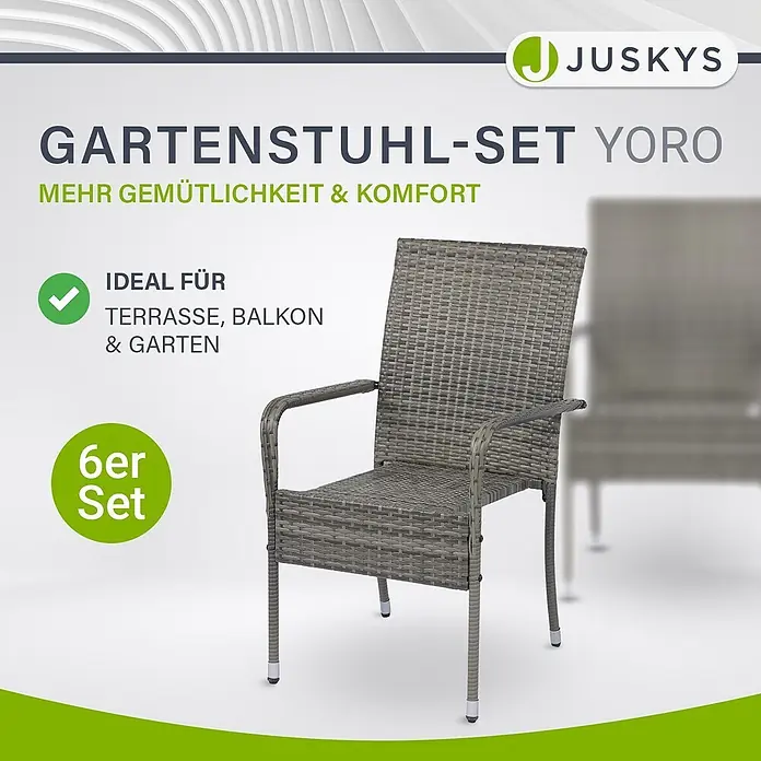 Juskys Gartenstuhl-Set Yoro - 6 Stk., Polyrattan, Stapelbar, Grau, B x T x H: 50 x 50 x 90 cm - Grauer Gartenstuhl in Rattan-Optik mit Armlehnen, Teil eines 6er-Sets, ideal für Terrasse oder Balkon.