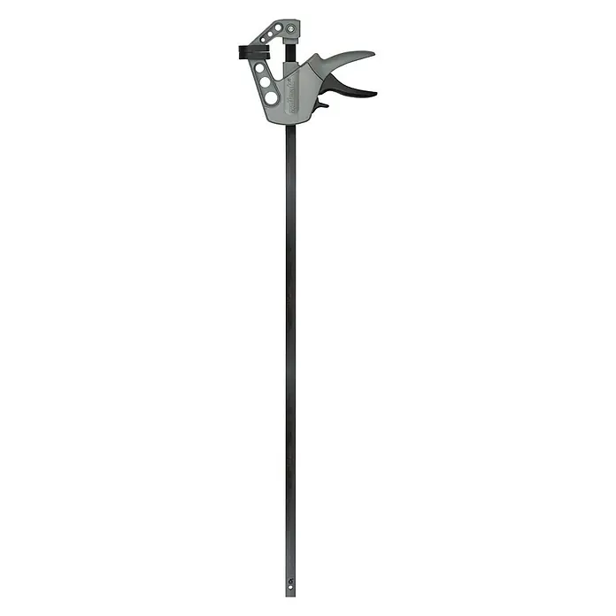 Wolfcraft Einhandzwinge EHZ PRO 100-800 - Spannweite: 800 mm, Ausladung: 100 mm - Eine graue Einhandzwinge mit schwarzer Schiene zum Fixieren von Werkstücken. Ideal für Holz- und Metallarbeiten.
