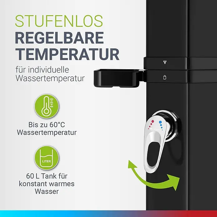 Juskys Solardusche Victoria - Höhe: 217 cm, Kunststoff, Schwarz, 60 l - Schwarzer Warmwasserbereiter/Spender mit verchromtem Wasserhahn, Temperaturregelung und JUSKYS-Logo.