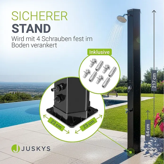 Juskys Solardusche Victoria - Höhe: 217 cm, Kunststoff, Schwarz, 60 l - Schwarze Außendusche am Pool, 217 cm hoch, 64 cm bis Wasserhahn, 23x23 cm Basis. Mit 4 Schrauben fest im Boden verankert.