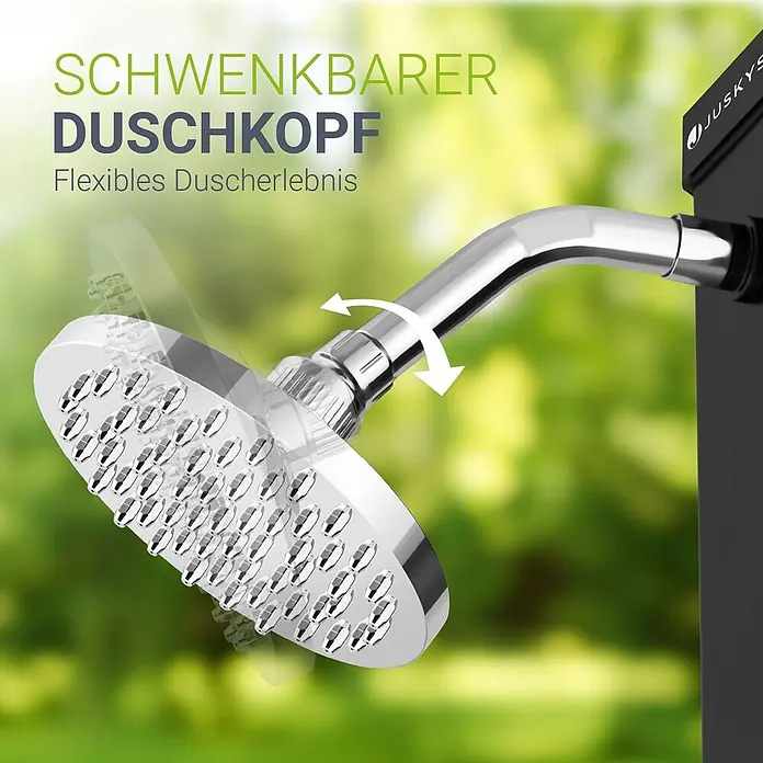 Juskys Solardusche Victoria - Höhe: 217 cm, Kunststoff, Schwarz, 60 l - Silberner schwenkbarer Duschkopf mit flexibler Rotationsfunktion, an schwarzer Halterung.