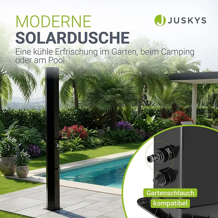 Juskys Solardusche Victoria - Höhe: 217 cm, Kunststoff, Schwarz, 60 l - Schwarze Solardusche in einem Garten am Pool, mit Gartenschlauchanschluss.