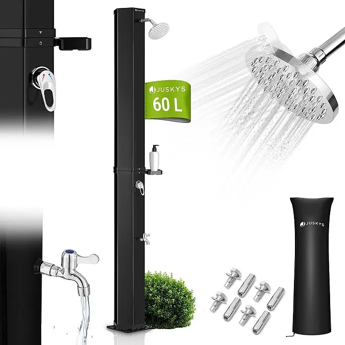 Juskys Solardusche Victoria - Höhe: 217 cm, Kunststoff, Schwarz, 60 l - Schwarze 60 L Solardusche mit Duschkopf, Mischhebel, unterem Wasserhahn, Seifenschale, Montagematerial und Schutzhülle.