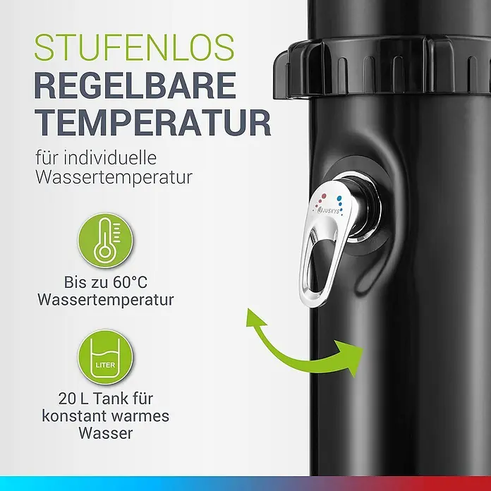Juskys Solardusche Victoria - Höhe: 220 cm, Kunststoff, Schwarz, 20 l - Schwarzer Warmwasserspender mit silbernem Hebelhahn, stufenloser Temperaturregelung bis 60°C und 20L Tank.