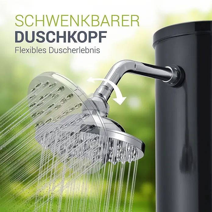 Juskys Solardusche Victoria - Höhe: 220 cm, Kunststoff, Schwarz, 20 l - Verchromter Schwenkduschkopf an schwarzer Außendusche, Wasser sprüchend.