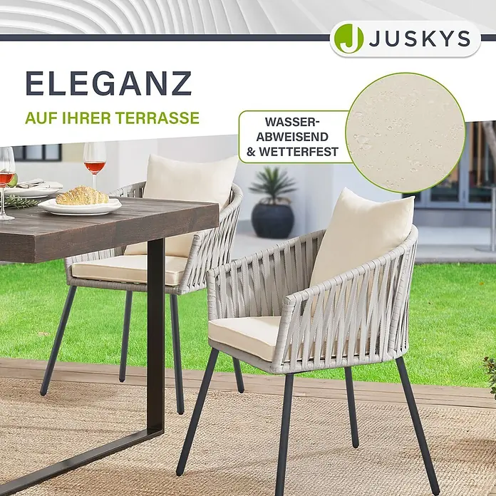 Juskys Gartenstuhl-Set Rope - 2 Stk., Rope, hellgrau, B x T x H: 58 x 58 x 80 cm - Hellgraue geflochtene Outdoor-Stühle mit dunklen Beinen und beigen wasserabweisenden Polstern.