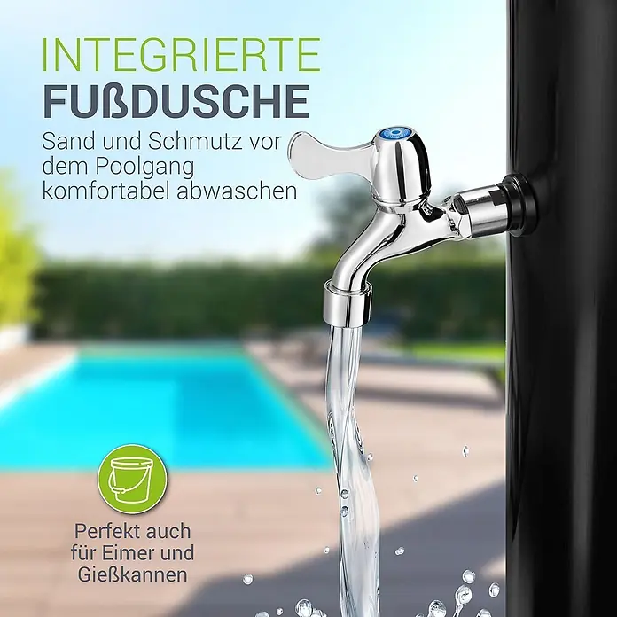 Juskys Solardusche Victoria - Höhe: 220 cm, Kunststoff, Schwarz, 20 l - Integrierter, verchromter Wasserhahn an schwarzer Säule, spült Sand/Schmutz vor dem Pool ab und füllt Eimer.