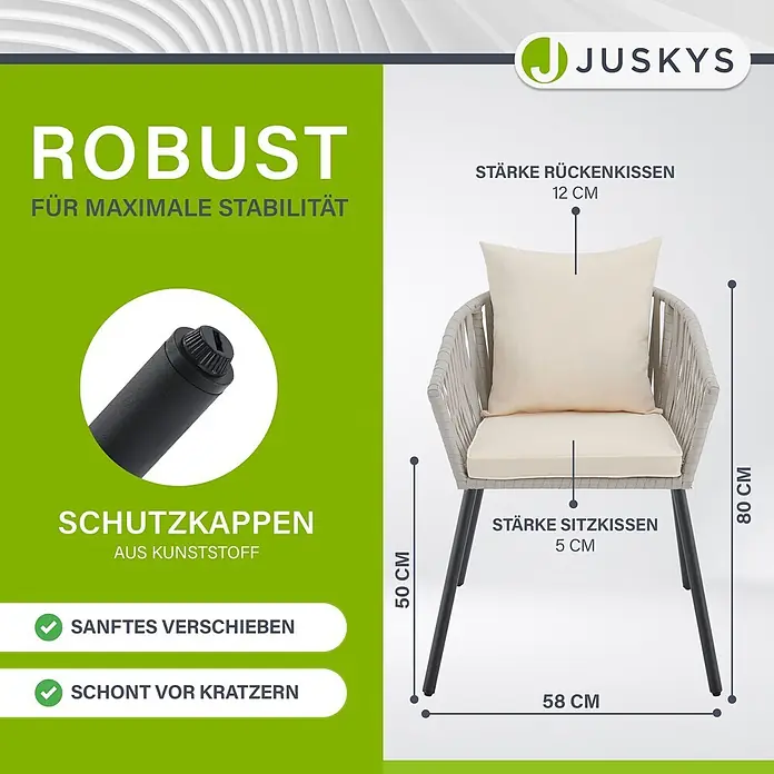 Juskys Gartenstuhl-Set Rope - 2 Stk., Rope, hellgrau, B x T x H: 58 x 58 x 80 cm - Hellgrauer Flechtstuhl mit schwarzen Beinen und cremefarbenen Sitz- und Rückenkissen.