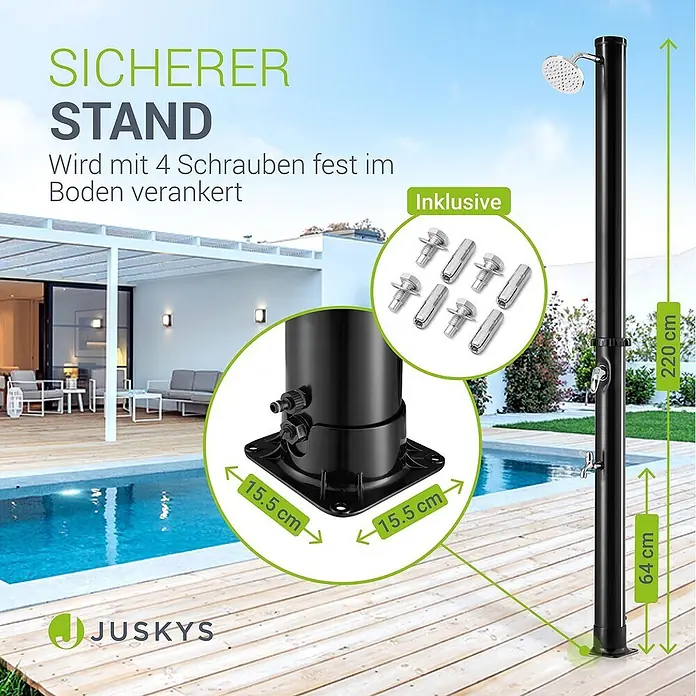 Juskys Solardusche Victoria - Höhe: 220 cm, Kunststoff, Schwarz, 20 l - Schwarze Außendusche mit sicherem Stand, verankert mit 4 Schrauben, neben einem Pool. 220 cm hoch, inklusive Ankerbolzen.