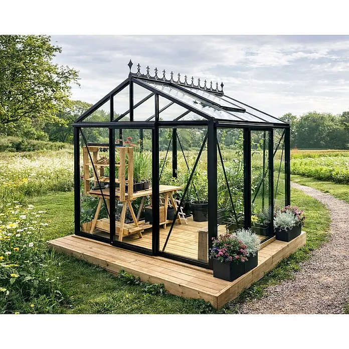 Bloomcabin Gewächshaus Aluminium Klassik - Außenmaß inkl. Dachüberstand (B x T): 235 x 235 cm, Material Seitenwand: Glas, 4 mm, Schwarz - Ein schwarz gerahmtes Gewächshaus aus Glas mit Holzsockel, gefüllt mit Pflanzen und Regalen, in einem sonnigen Garten.