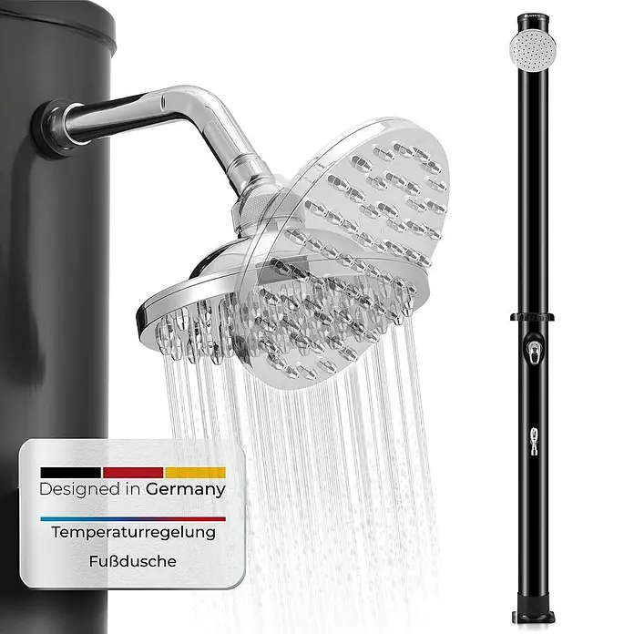 Juskys Solardusche Victoria - Höhe: 220 cm, Kunststoff, Schwarz, 20 l - Schwarze Solardusche mit Chromduschkopf, Fußdusche und Temperaturregelung. Design aus Deutschland.