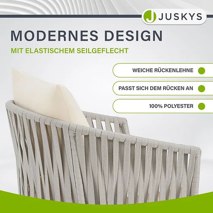 Juskys Gartenstuhl-Set Rope - 2 Stk., Rope, hellgrau, B x T x H: 58 x 58 x 80 cm - Nahaufnahme eines modernen Stuhls mit hellgrauem, elastischem Seilgeflecht und cremefarbenem Polyesterkissen, mit weicher, anpassbarer Rückenlehne.