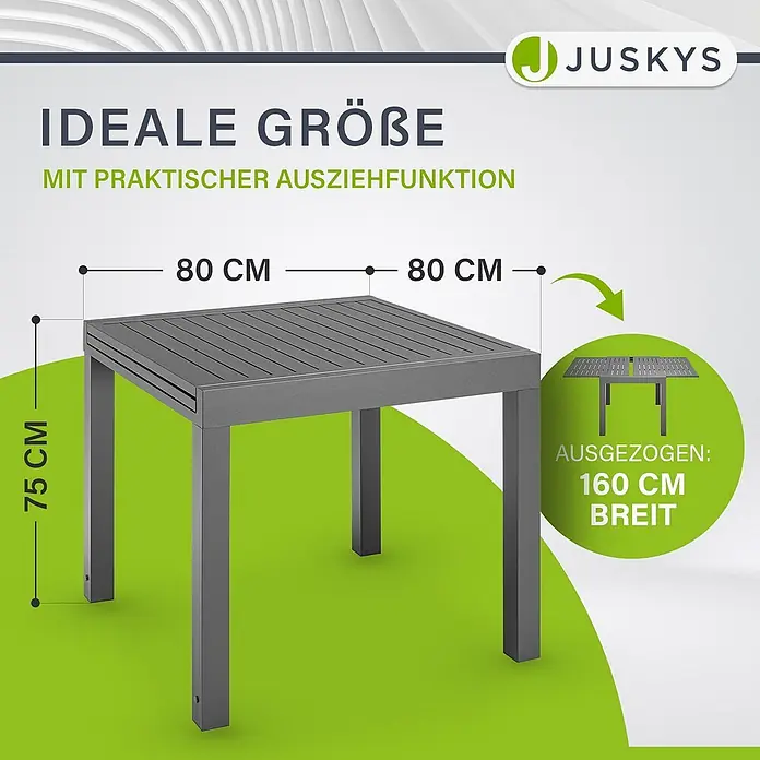 Juskys Gartentisch Laki - L x B x H: 80 x 80 x 75 cm, Aluminium, Grau - Grauer ausziehbarer Gartentisch. 80x80x75 cm, ausziehbar auf 160 cm Breite.