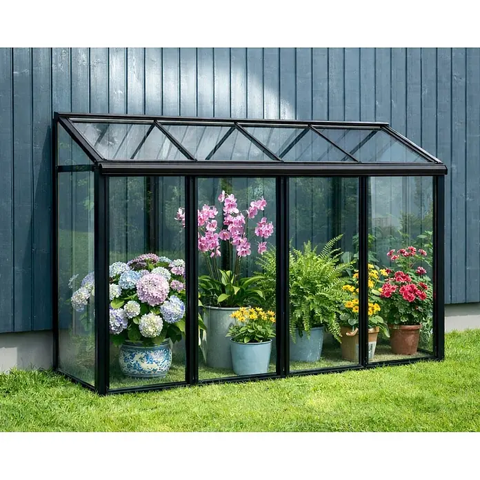 Bloomcabin Gewächshaus Aluminium Mini - Außenmaß inkl. Dachüberstand (B x T): 228 x 66 cm, Material Seitenwand: Glas, 4 mm, Schwarz - Ein schwarz gerahmtes Anlehngewächshaus aus Glas, gefüllt mit bunten Topfpflanzen, an einer blauen Holzwand.