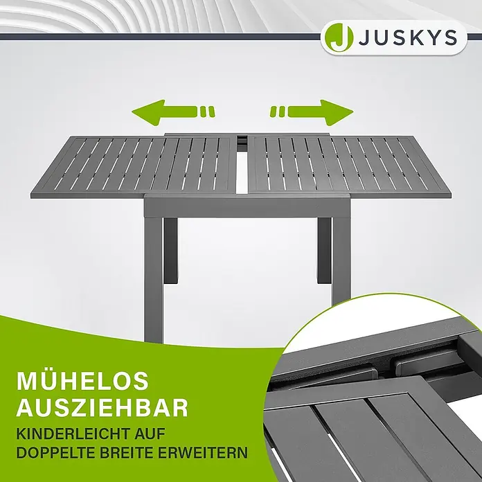 Juskys Gartentisch Laki - L x B x H: 80 x 80 x 75 cm, Aluminium, Grau - Grauer ausziehbarer Metalltisch, der sich mühelos auf doppelte Breite erweitern lässt.
