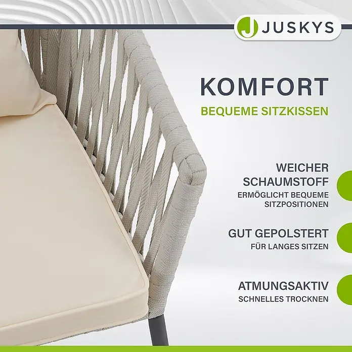 Juskys Gartenstuhl-Set Rope - 2 Stk., Rope, hellgrau, B x T x H: 58 x 58 x 80 cm - Nahaufnahme eines bequemen Outdoor-Loungestuhls mit weichen cremefarbenen Kissen und stilvollem geflochtenem Seildesign.