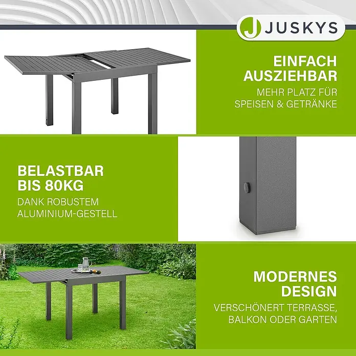 Juskys Gartentisch Laki - L x B x H: 80 x 80 x 75 cm, Aluminium, Grau - Dunkelgrauer ausziehbarer Gartentisch aus Aluminium. Robust und modern, ideal für draußen.