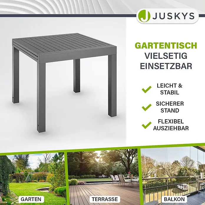 Juskys Gartentisch Laki - L x B x H: 80 x 80 x 75 cm, Aluminium, Grau - Dunkelgrauer quadratischer Gartentisch mit Lattenplatte, vielseitig einsetzbar in Garten, auf Terrasse und Balkon.