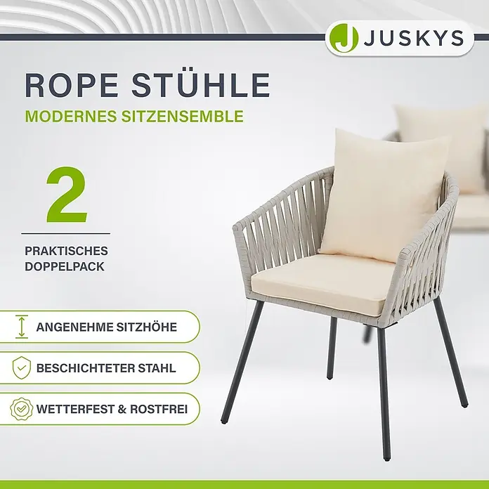 Juskys Gartenstuhl-Set Rope - 2 Stk., Rope, hellgrau, B x T x H: 58 x 58 x 80 cm - Zwei moderne Seilstühle mit hellgrauem Flechtwerk, cremefarbenen Kissen und dunklen beschichteten Stahlgestellen.