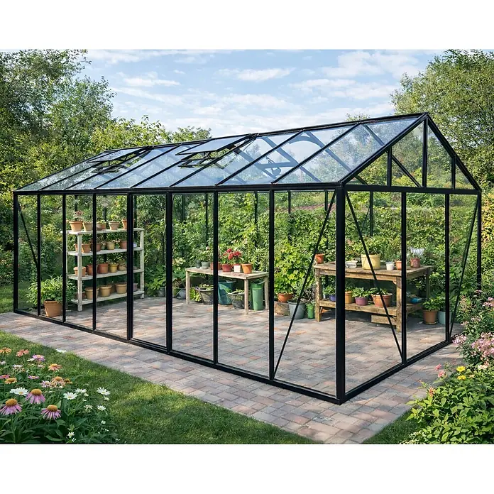 Bloomcabin Gewächshaus Aluminium Klassik - Außenmaß inkl. Dachüberstand (B x T): 235 x 608 cm, Material Seitenwand: Glas, 4 mm, Schwarz - Großes schwarzgerahmtes Glasgewächshaus im Garten mit Pflanzen auf Regalen und Tischen.
