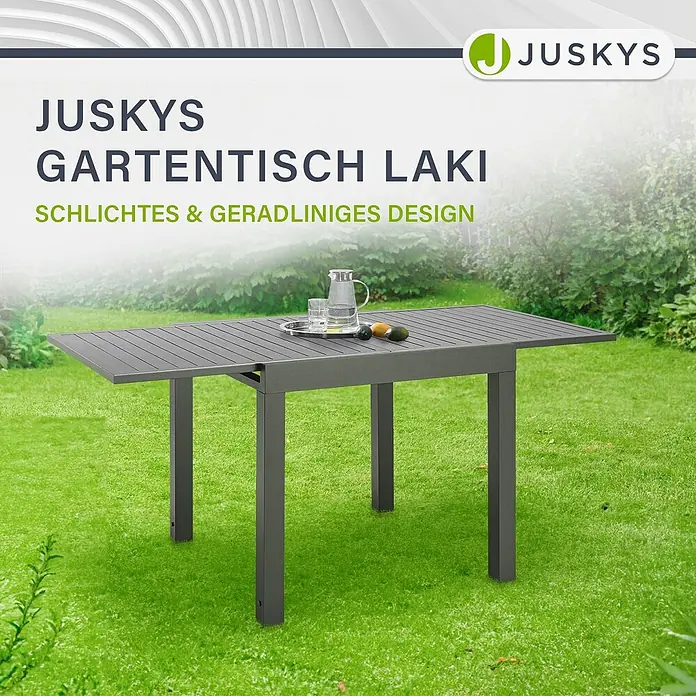 Juskys Gartentisch Laki - L x B x H: 80 x 80 x 75 cm, Aluminium, Grau - Dunkelgrauer Gartentisch mit Lattenplatte und schlichtem, geradlinigem Design.