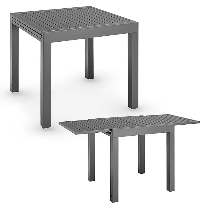Juskys Gartentisch Laki - L x B x H: 80 x 80 x 75 cm, Aluminium, Grau - Ausziehbarer grauer Metall-Gartentisch mit Lamellenplatte, als quadratischer und ausgezogener rechteckiger Tisch dargestellt.