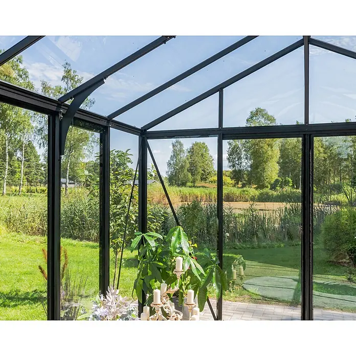 Bloomcabin Gewächshaus Aluminium Klassik mit Accoya-Fusion und kleinem integrierten Stauraum - Außenmaß inkl. Dachüberstand (B x T): 235 x 459 cm, Material Seitenwand: Glas, 4 mm, Schwarz - Ein modernes Gewächshaus mit schwarzem Rahmen und Glas, Pflanzen innen, Blick auf üppigen Garten und Landschaft.