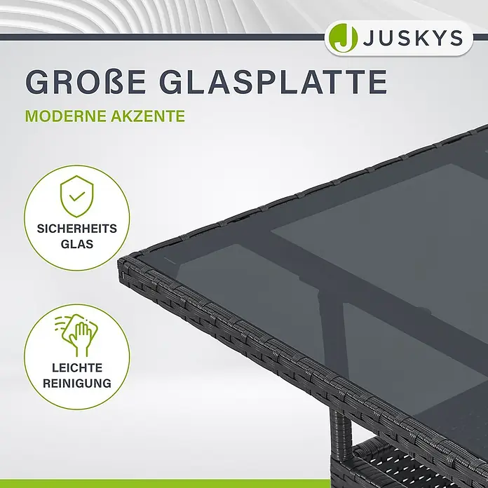 Juskys Gartentisch Yoro - L x B x H: 60 x 60 x 73 cm, Polyrattan, schwarz - Dunkelgrauer Rattan-Tisch mit großer Sicherheitsglasplatte für leichte Reinigung.