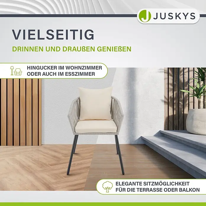 Juskys Gartenstuhl-Set Rope - 2 Stk., Rope, hellgrau, B x T x H: 58 x 58 x 80 cm - Vielseitiger moderner Stuhl mit geflochtenem Design und hellen Polstern, geeignet für drinnen und draußen auf Terrasse oder im Wohnzimmer.