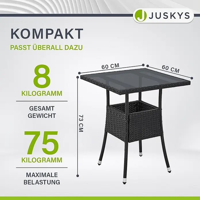 Juskys Gartentisch Yoro - L x B x H: 60 x 60 x 73 cm, Polyrattan, schwarz - Schwarzer quadratischer Tisch in Rattanoptik mit Glasplatte, Maße 60x60x73 cm.