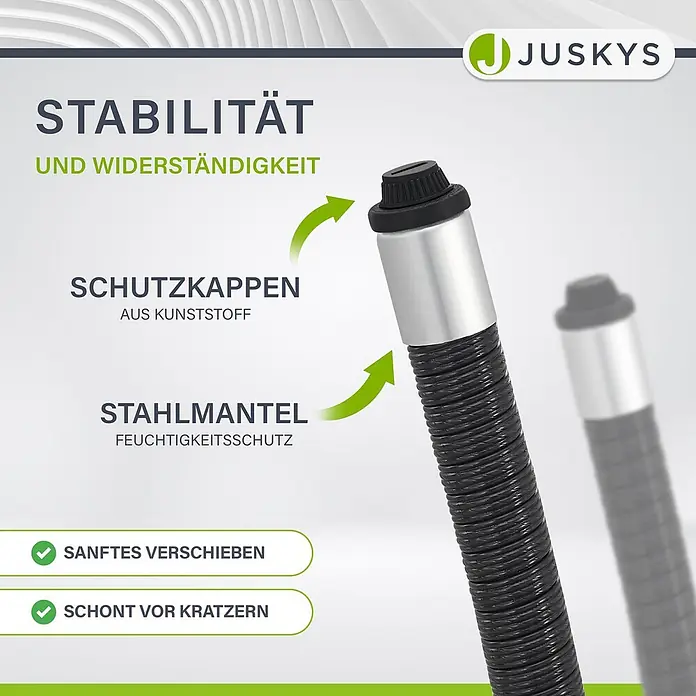 Juskys Gartentisch Yoro - L x B x H: 60 x 60 x 73 cm, Polyrattan, schwarz - Flexibles schwarzes Stahlkabel mit silbernen Enden und Kunststoffkappen für Schutz, sanfte Bewegung und Kratzschutz.
